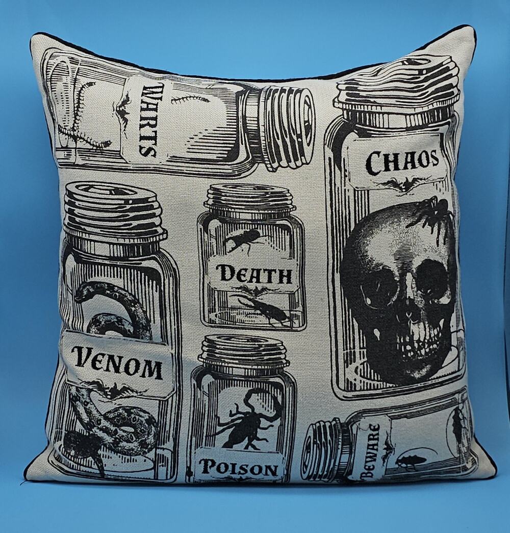 Thro by Marlo Lorenz Halloween Pillow Apothecary Skull Venom Goth Witchy 20x20